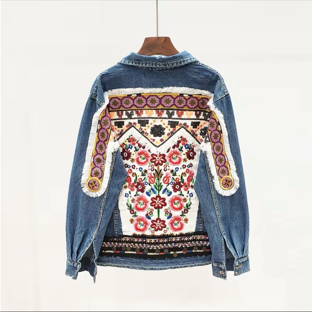 Denim bohemian stitched Aztec tribal floral embroidered denim jacket coat - Picture 11 of 16